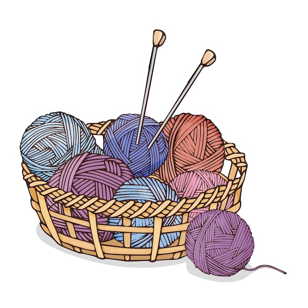 Vector handdrawn balls of yarn and knitting needles in a wicker basket