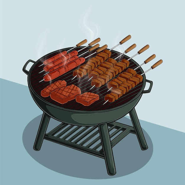 HandDrawn Barbecue Grill with Various Grilled Meat Hot dog