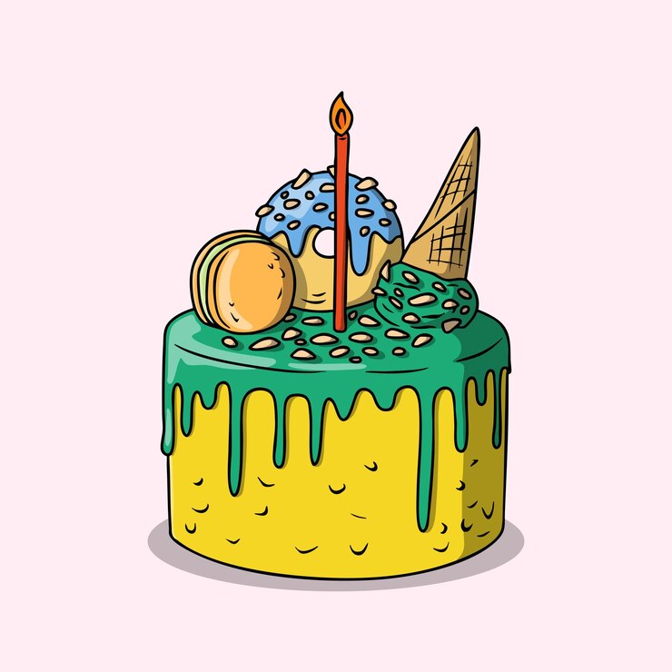 Vector handdrawn birthday cake with candle and sweets