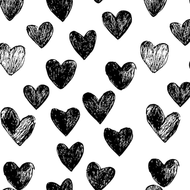 handdrawn black hearts pattern on white background
