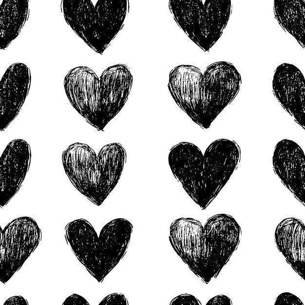handdrawn black hearts pattern on white background