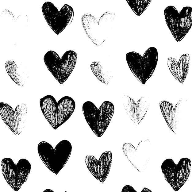handdrawn black hearts pattern on white background