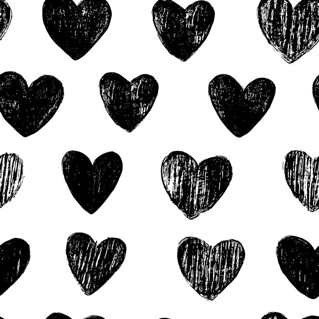 handdrawn black hearts pattern on white background