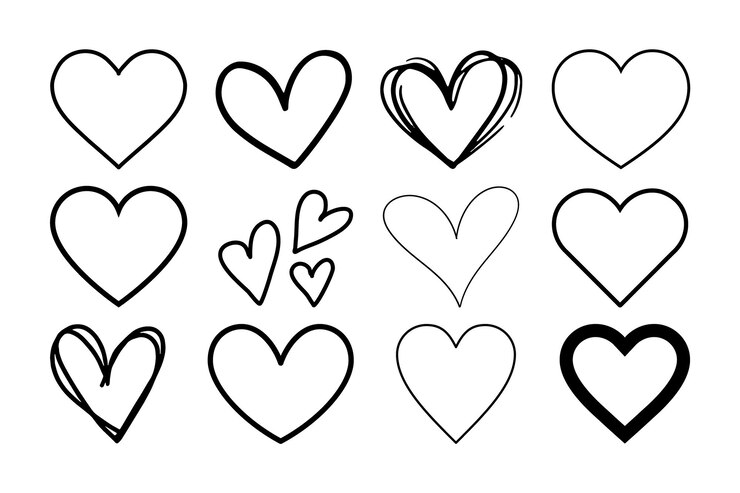 Vector handdrawn black line heart set valente day