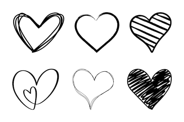 Vector handdrawn black line heart set valente day