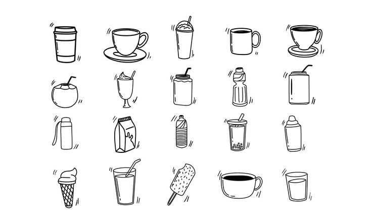 Vector handdrawn black and white illustration of various drinks and treats