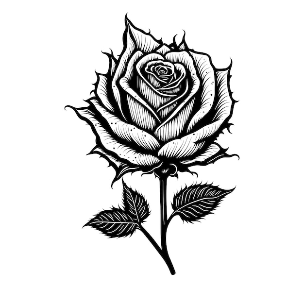 Handdrawn black and white rose on white background