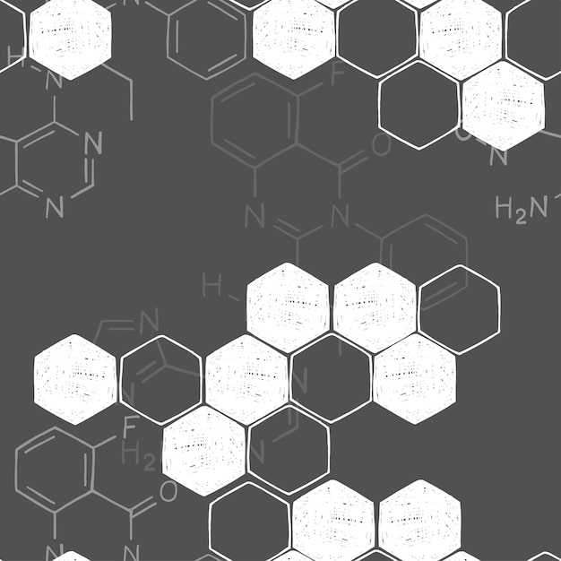 Modello senza cuciture in bianco e nero disegnato a mano con una formula strutturale di sostanze