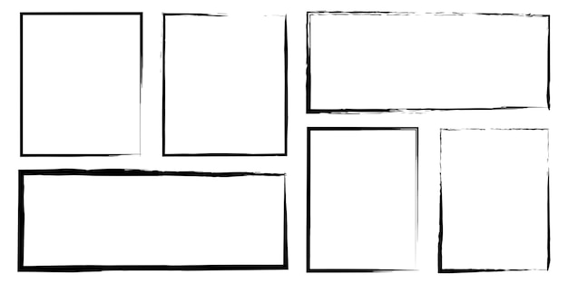 Handdrawn border frame vector Black brushdrawn flat rectangles Rough scratched scribble paint on a white background