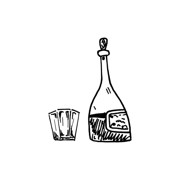 Bottiglia disegnata a mano e icona di doodle di vetro. schizzo nero disegnato a mano. segno simbolo del fumetto. elemento decorativo. sfondo bianco. isolato. design piatto. illustrazione vettoriale.