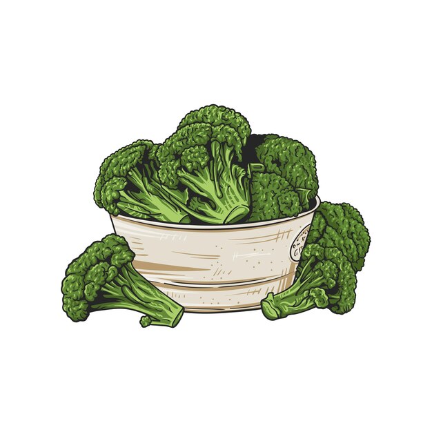 handdrawn bowl of fresh broccoli florets spilling onto the table