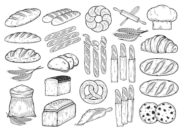 Illustrazioni di pane disegnato a mano ed elementi di design da forno icone vettoriali di schizzi di cibo