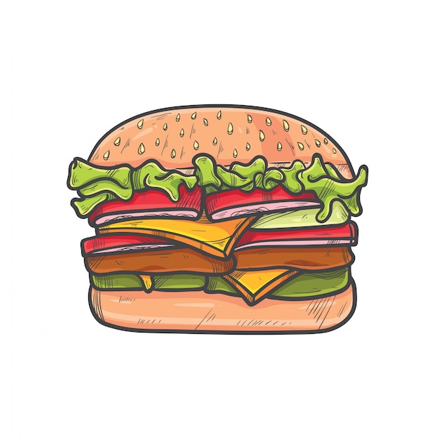 Illustrazione di burger handdrawn illustrazione colori completo