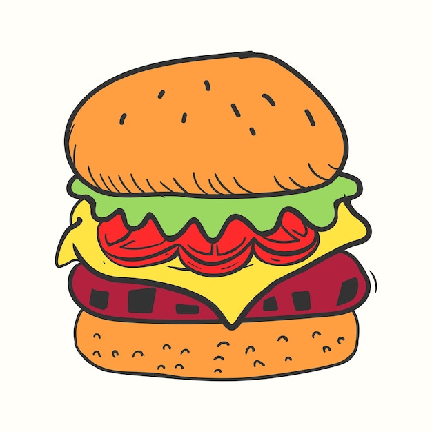 Handdrawn burger illustration with tomato cheese meat and salad in sketch vintage style