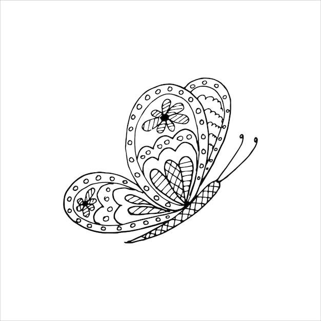 Handdrawn butterfly doodle element for coloring invitation postcard Black and white vector image