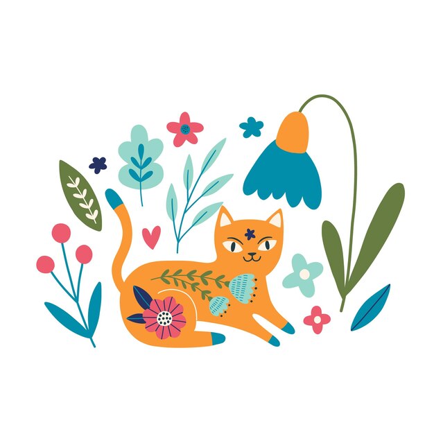 Gatto e fiori disegnati a mano cute flower cat in stile cartoon illustrazione vettoriale isolata