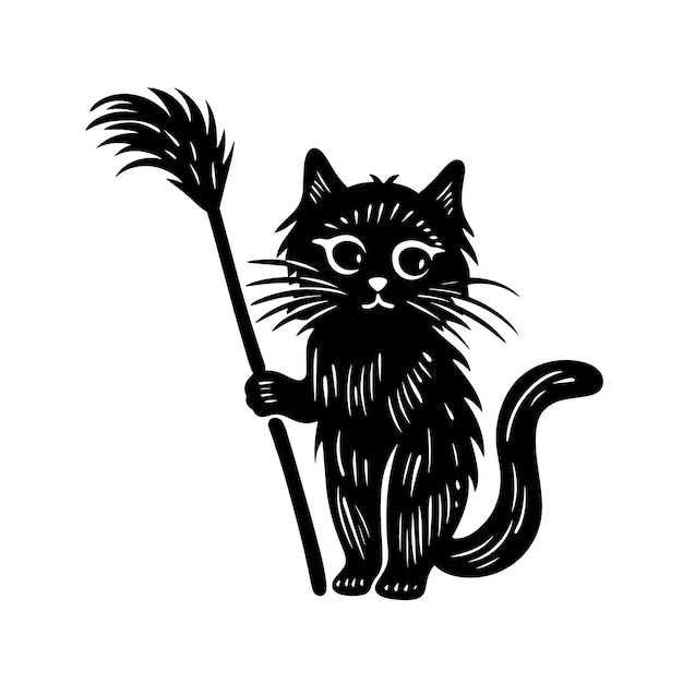 Handdrawn cat with broomstick doodle icon on white background