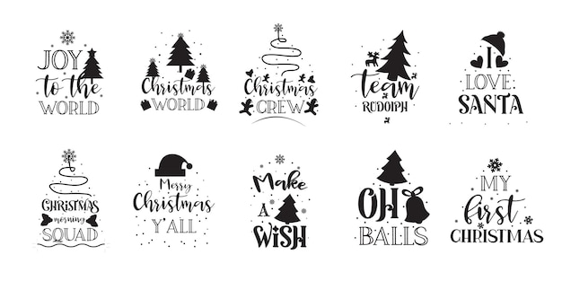 Handdrawn Christmas lettering typography set collection on white background