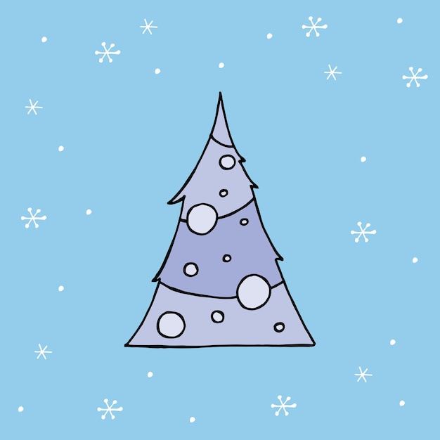 A handdrawn christmas tree Colored vector illustration in doodle style Winter mood Hello 2023 Merry Christmas and Happy New Year Blue tree with toys on a background with a snowflakes
