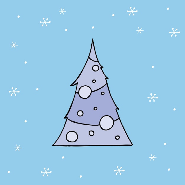 A handdrawn christmas tree colored vector illustration in doodle style winter mood hello 2023 merry christmas and happy new year blue tree with toys on a background with a snowflakes