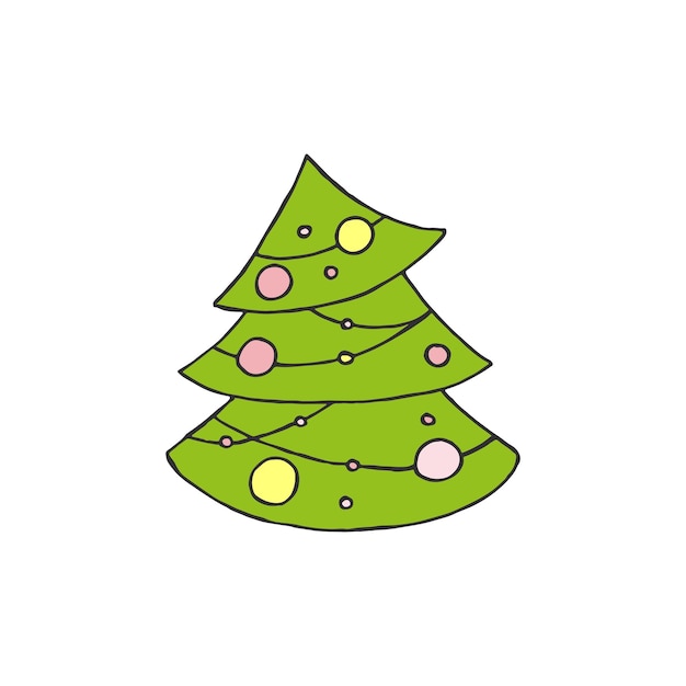 A handdrawn christmas tree Colored vector illustration in doodle style Winter mood Hello 2023 Merry Christmas and Happy New Year Green tree with a yellow and pink toys on a white background