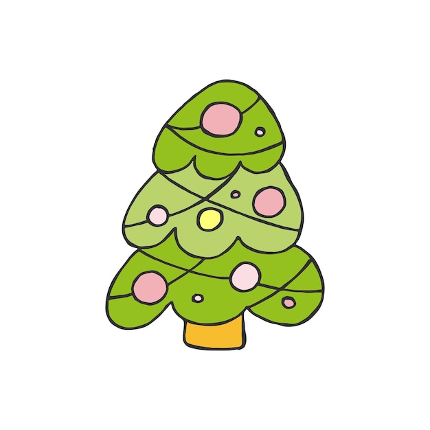 손으로 그린 크리스마스 트리 낙서 스타일의 컬러 벡터 일러스트 겨울 분위기 안녕하세요 2023 메리 크리스마스와 새해 복 많이 받으세요 흰색 배경에 노란색과 분홍색 장난감이 있는 녹색 나무