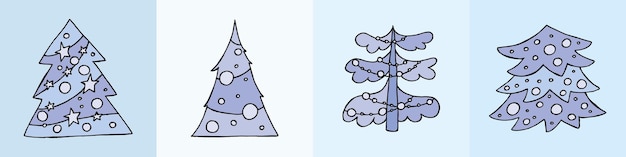 Un albero di natale disegnato a mano illustrazione vettoriale in stile doodle umore invernale ciao 2023 buon natale e felice anno nuovo alberi blu con giocattoli su sfondo blu