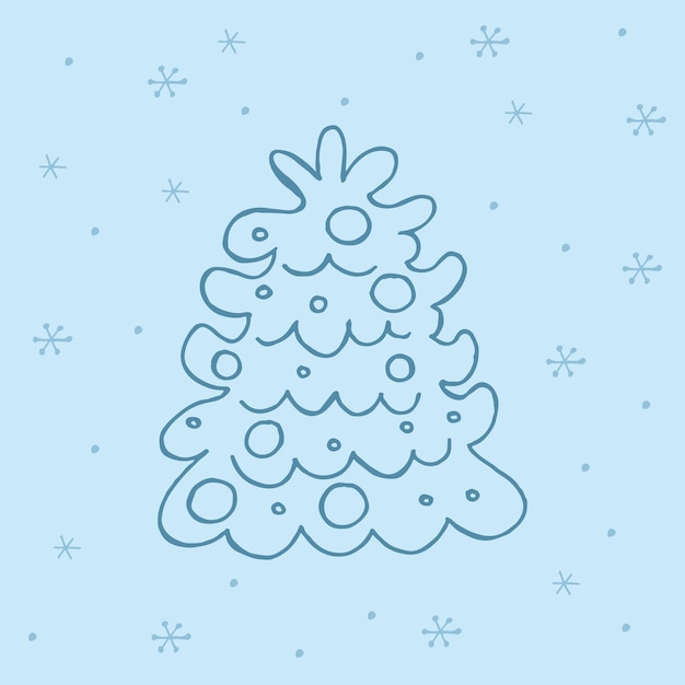 Vector a handdrawn christmas tree vector illustration in doodle style winter mood hello 2023 merry christmas and happy new year dark blue element with a snowflakes on a blue background