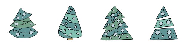 A handdrawn christmas tree Vector illustration in doodle style Winter mood Hello 2023 Merry Christmas and Happy New Year Green trees with a blue toys on a white background