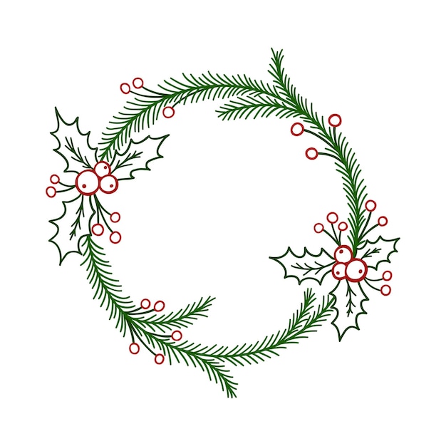 Vector handdrawn circle wreath with red berries and fir branches.