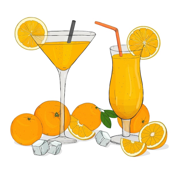 白い背景の上のオレンジで作られた手描きのカクテルや飲み物