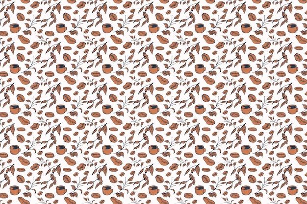 Vector handdrawn coffee leaf coffee bean coffee cup pattern background seamless