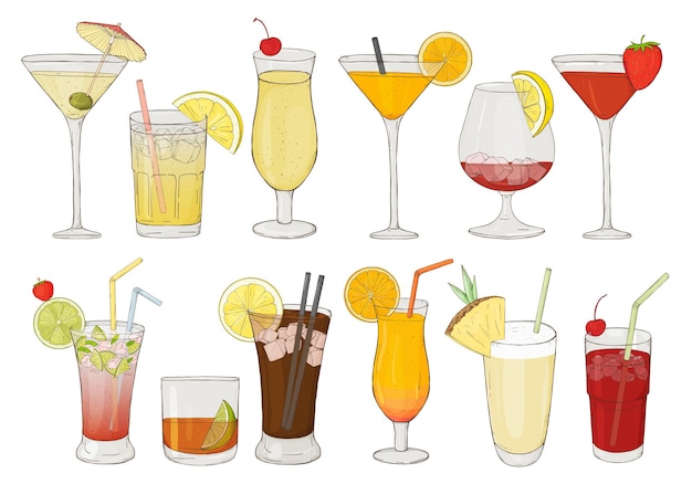 Collezione disegnata a mano di varie bevande alcoliche e cocktail