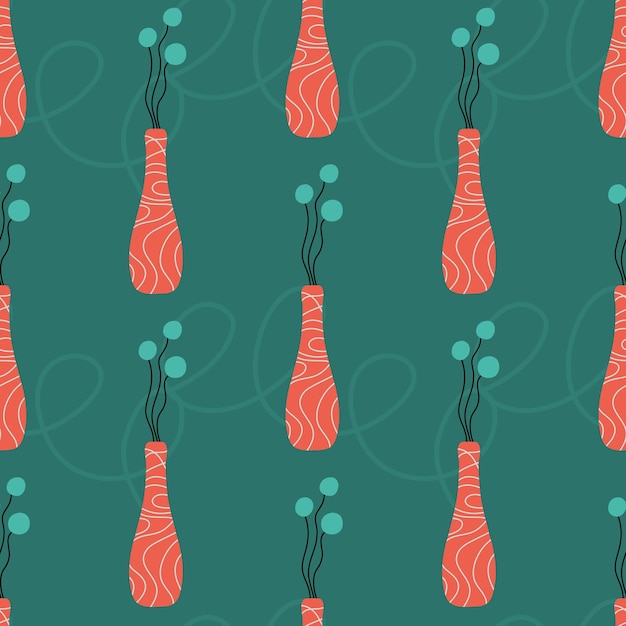 Vector handdrawn color vector seamless pattern with vases and flowers