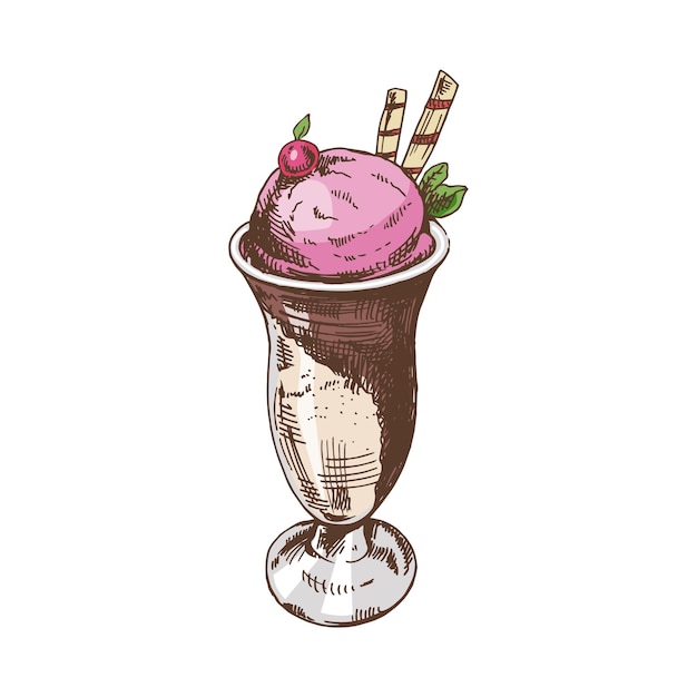 Vettore uno schizzo colorato disegnato a mano di palline di gelato in una tazza illustrazione d'epoca elemento per la progettazione di confezioni di etichette e cartoline