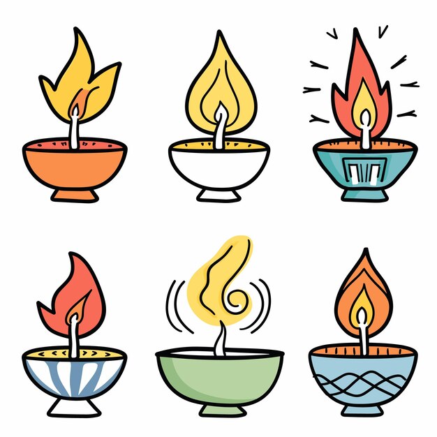Vector handdrawn colorful vector illustrations six different candles candle unique design six assorted