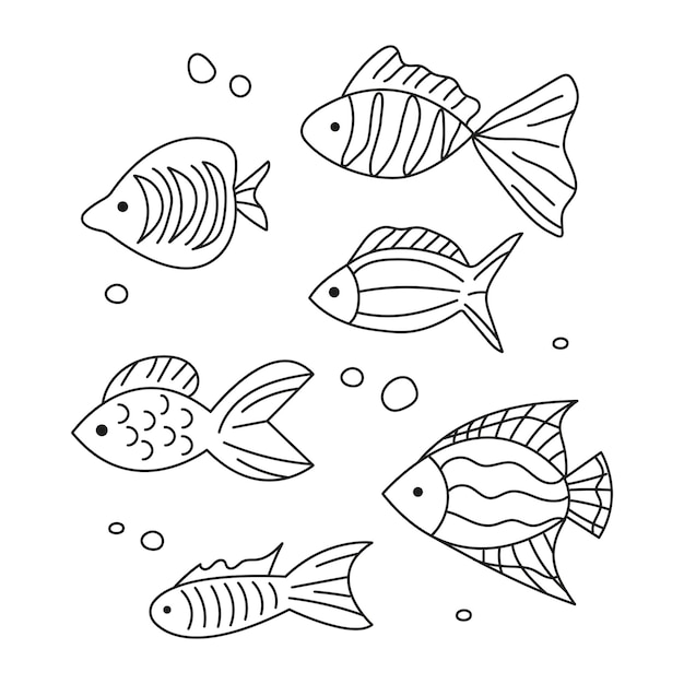 さまざまな魚で設定された手描きの輪郭の子供たち