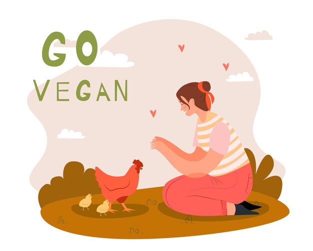 handdrawn crueltyfree and vegan concept with woman with chicken vector illustrator