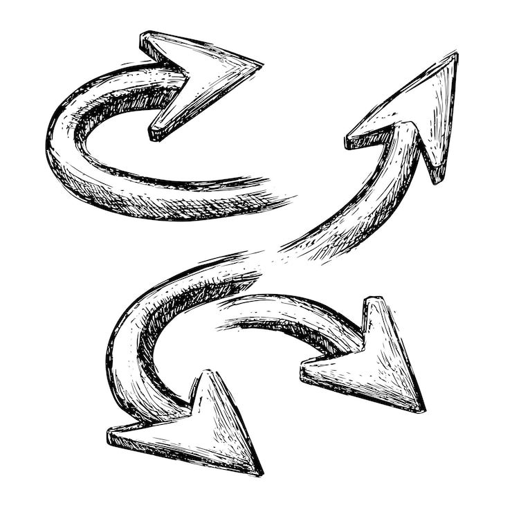 Vector handdrawn curved arrows in various directions