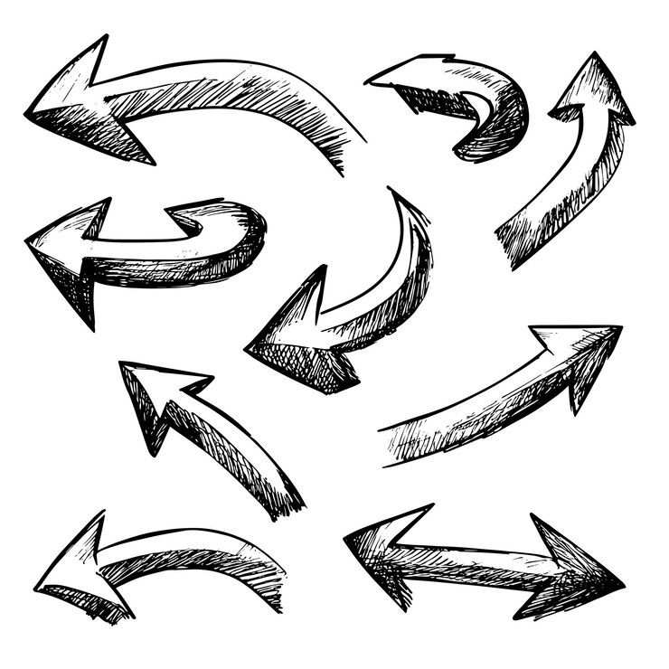 Vector handdrawn curved arrows in various directions