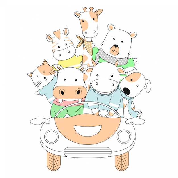 Handdrawn cute animals and car cartoon