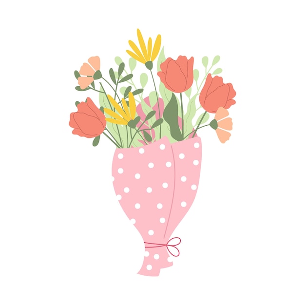 Handdrawn cute bouquet in paper with dots with tulips leaves daisy