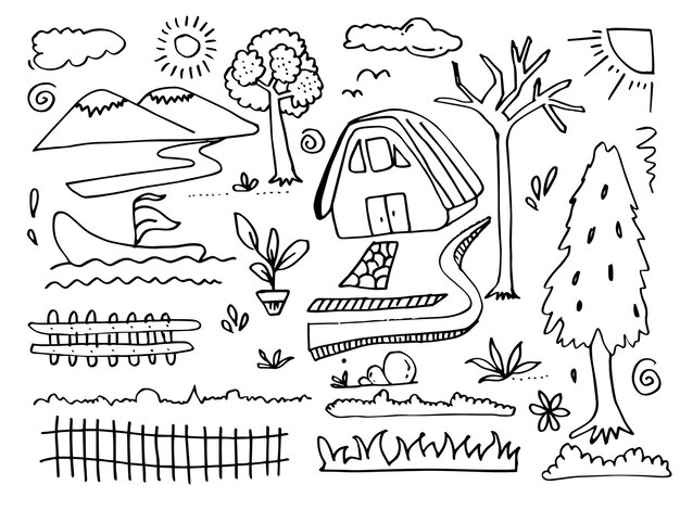 Doodle carino disegnato a mano impostato su elementi di design doodle sfondo biancodoodle bambini per la decorazione