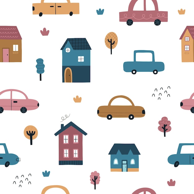 Handdrawn cute houses and cars Seamless pattern