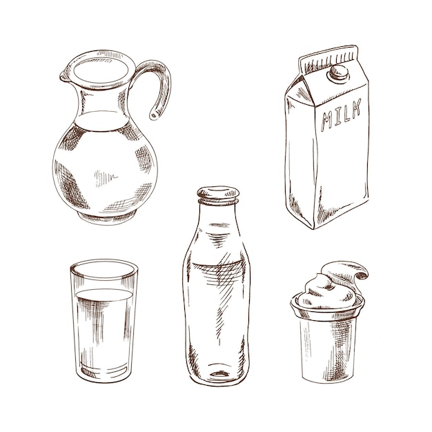 Vector handdrawn dairy products sketch set milk jug bottle tetra pack yogurt in a package vector illustration black and white vintage drawing