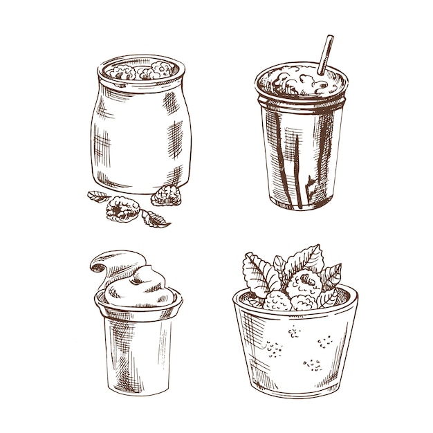 Ручной набор эскизов молочных продуктов Йогурт с малиной, йогурт в горшочке, йогурт в упаковке, молочный коктейль с шоколадом, векторная иллюстрация, черно-белый винтажный рисунок