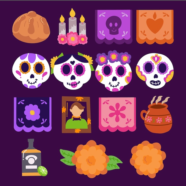 Vettore set di illustrazioni disegnate a mano di dia de muertos