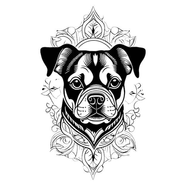 Handdrawn Dog Tattoo Template Black and White Line Art Dog Illustration