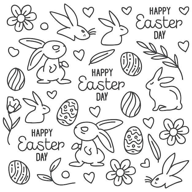 Вектор Ручной рисунок пасхального дня с яйцами, сердцем кролика на белом фоне
