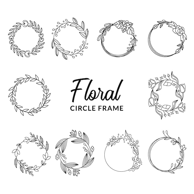 Vector handdrawn doodle lineart circle frame floral leaves flower vintage style for romantic nature